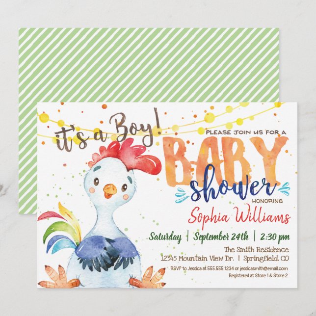 Invitación de Rooster a Baby Shower, Boy, Farm (Anverso / Reverso)