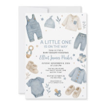 Invitación de ropa de bebé boho azul niño ducha