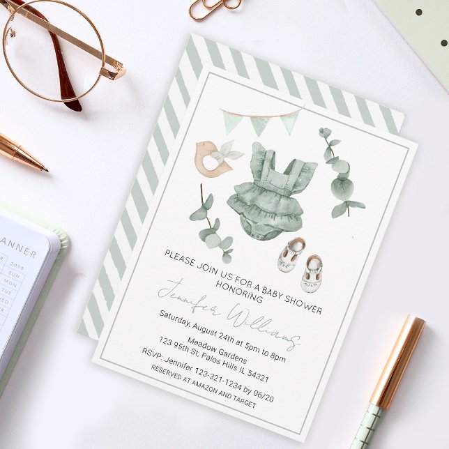 invitación de ropa de bebé niña eucalipto (Subido por el creador)