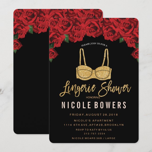 Invitación de Ropa Interior Ducha Rosas Rojas Bril (Anverso / Reverso)