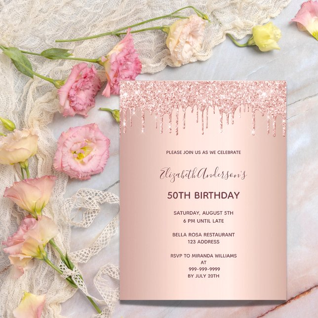 Invitación de rosa de cumpleaños purpurina de oro  (Subido por el creador)