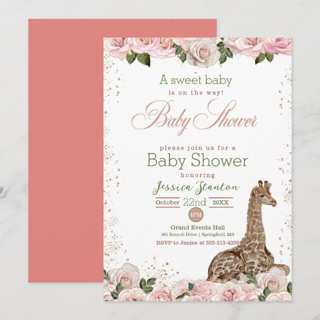 Invitación de Rosa de Cute Giraffe en Baby Shower (Anverso / Reverso)