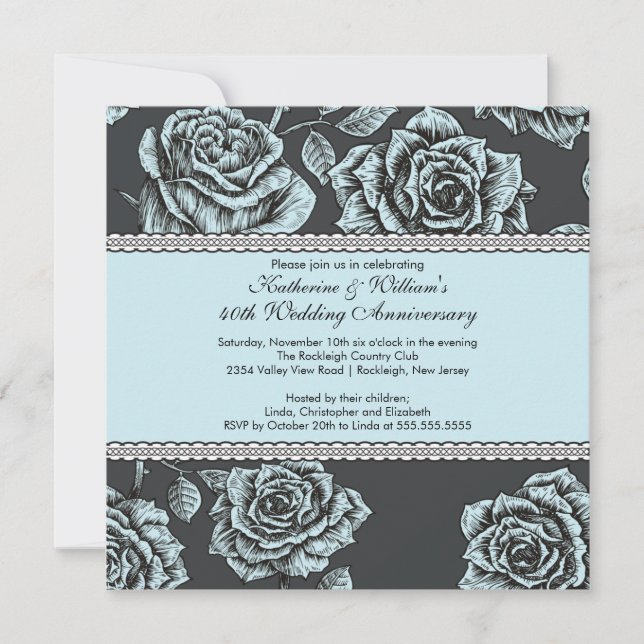 Invitación de Rosa de época a aniversario azul neg (Anverso)