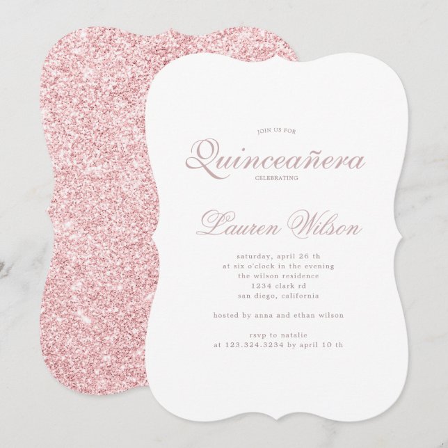 Invitación de Rosa de oro y purpurina Quinceanera (Anverso / Reverso)