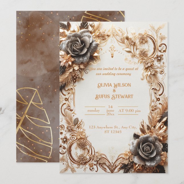 Invitación de Rosa negro y oro de lujo (Anverso / Reverso)