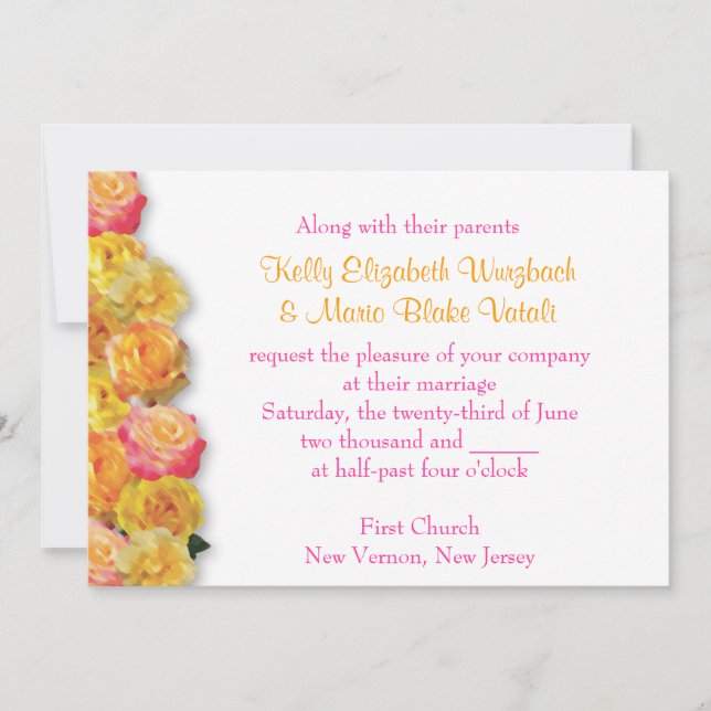 Invitación de rosas amarillas y rosadas (Anverso)