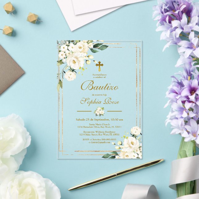 Invitación de Rosas Blancas para Bautizo (Insitu (Boda))