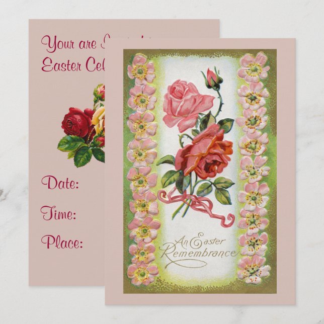 Invitación de rosas de Pascua vintage (Anverso / Reverso)