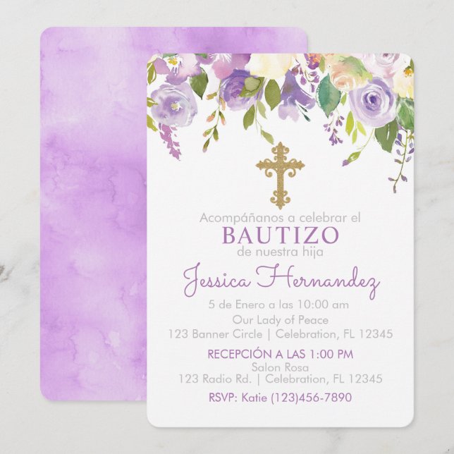 Invitación de Rosas para Bautizo de niña (Anverso / Reverso)