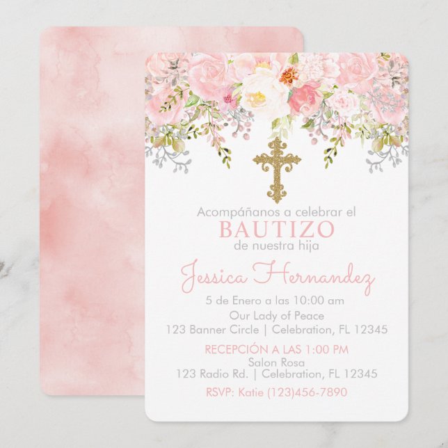 Invitación de Rosas para Bautizo de niña (Anverso / Reverso)