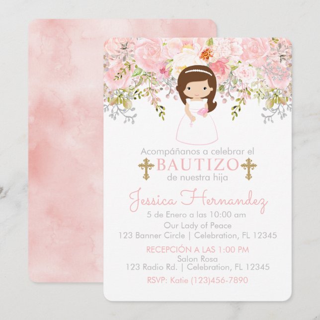 Invitación de Rosas para Bautizo de niña Invitatio (Anverso / Reverso)