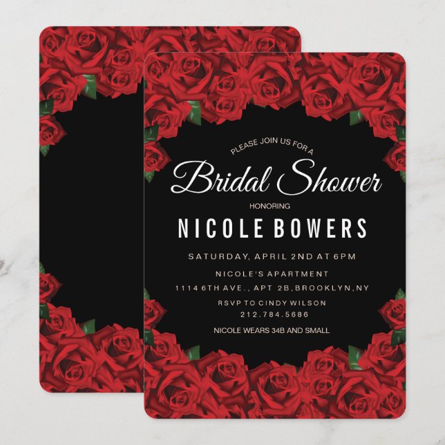Invitación de rosas rojas románticas para la ducha (Anverso / Reverso)