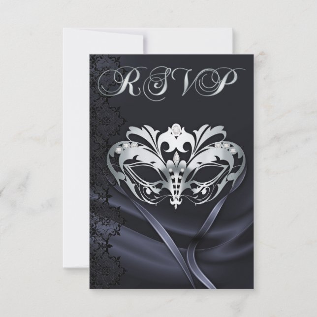 Invitación de RSVP con máscara de plata y joyas ne (Anverso)