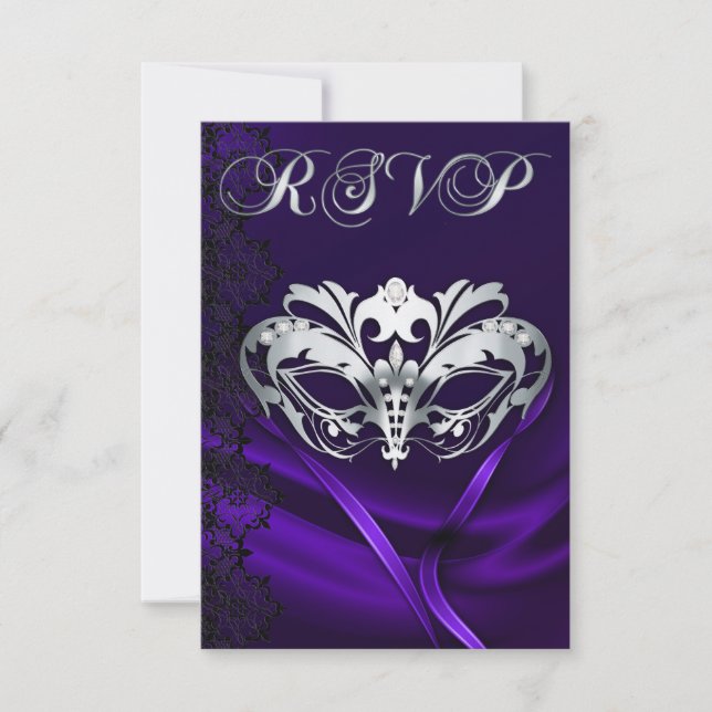 Invitación de RSVP con máscara plateada y joyas pú (Anverso)