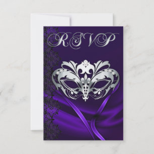 Invitación de RSVP con máscara plateada y joyas pú
