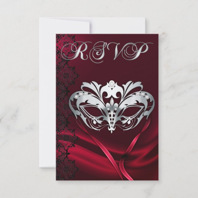 Invitación de RSVP con máscara plateada y joyas ro (Anverso)