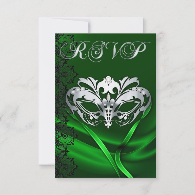 Invitación de RSVP con máscara plateada y joyas ve (Anverso)