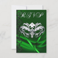 Invitación de RSVP con máscara plateada y joyas ve