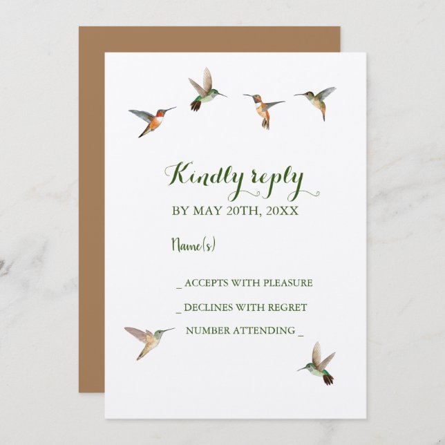 Invitación de RSVP de boda de colibríes rufous (Anverso / Reverso)