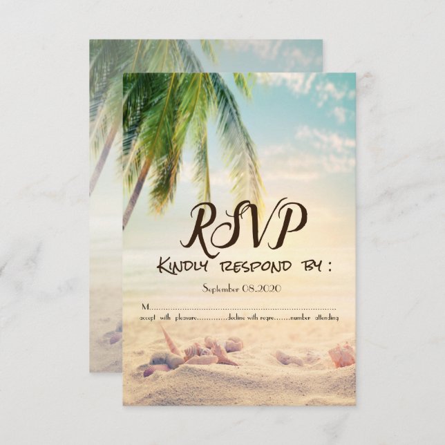 Invitación de RSVP de concha de mar, palmera y est (Anverso / Reverso)