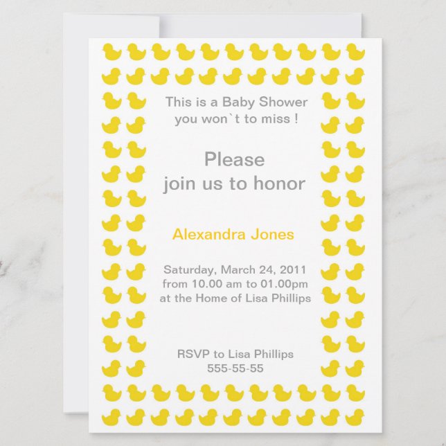 Invitación de Rubber Ducky a Baby Shower amarillo (Anverso)