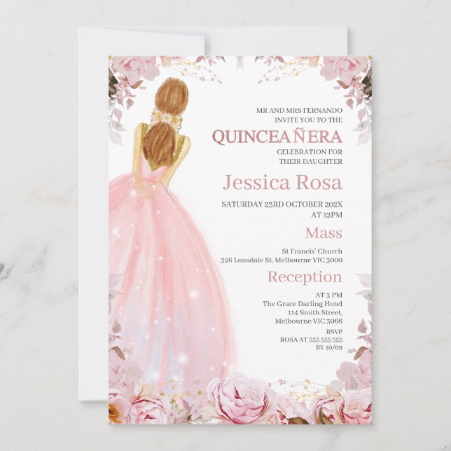 Invitación de Rubor Boho Floral Vestido Quinceañer (Anverso)