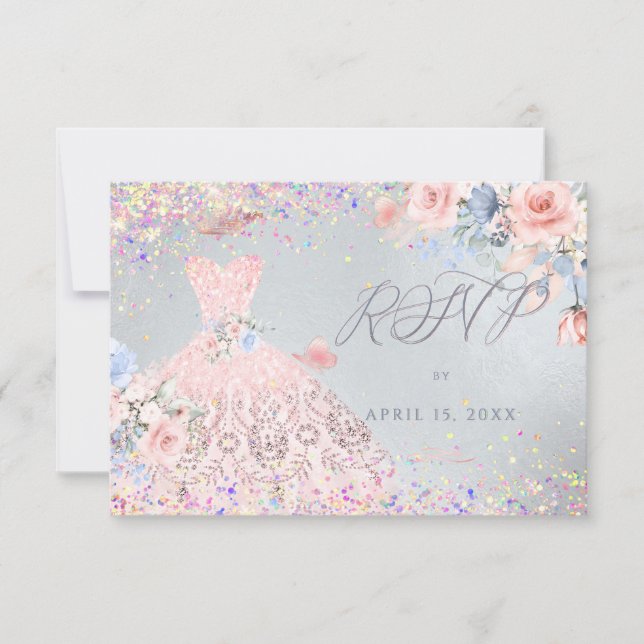 Invitación de Rubor de pinza Purpurina Quinceanera (Anverso)