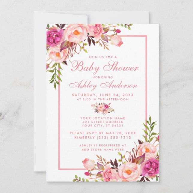 Invitación de Rubor Floral Baby Shower rosa PS (Anverso)