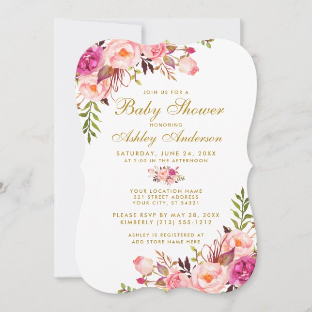 Invitación de Rubor Gold Floral Baby Shower B rosa (Anverso)