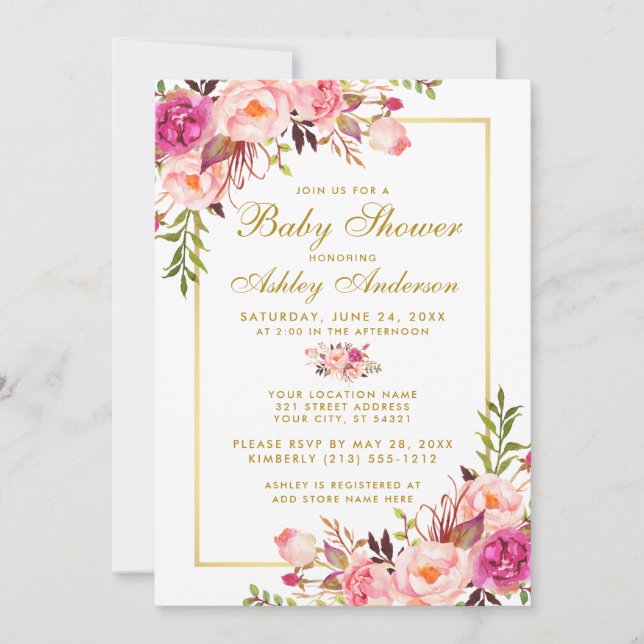 Invitación de Rubor Gold Floral Baby Shower rosa (Anverso)