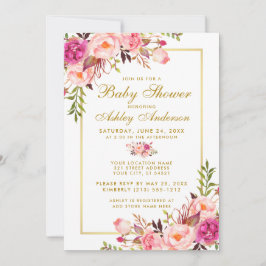 Invitación de Rubor Gold Floral Baby Shower rosa