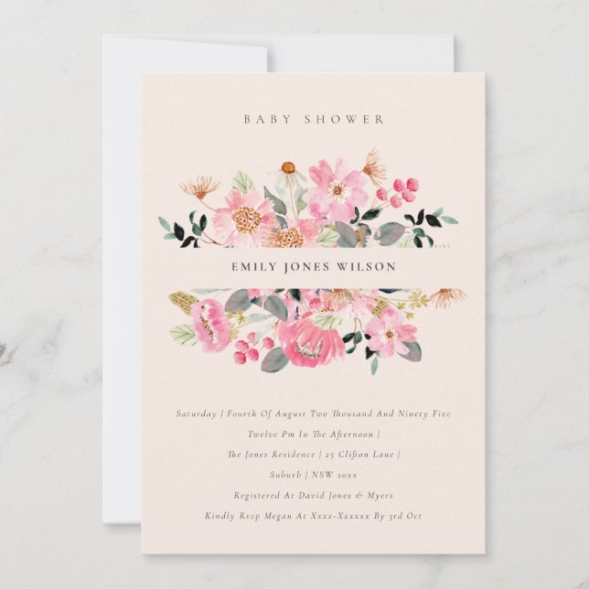 Invitación de Rubor Pink Watercolor Floral Baby Sh (Anverso)