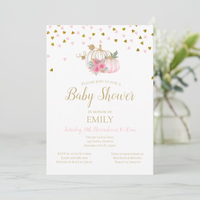 Invitación de Rubor rosa y Baby Shower de calabaza (Anverso de pie)