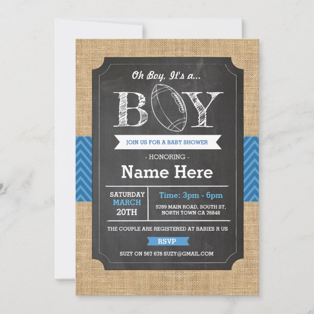 Invitación de rugby Baby Shower Football Blue Boy (Anverso)
