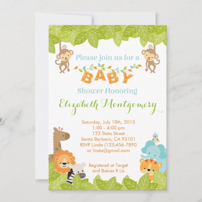 Invitación de Safari Baby Shower con animales (Anverso)
