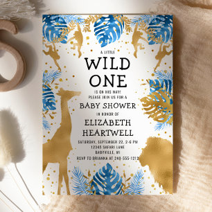 Invitación de Safari Boy Baby Shower Azul Dorado