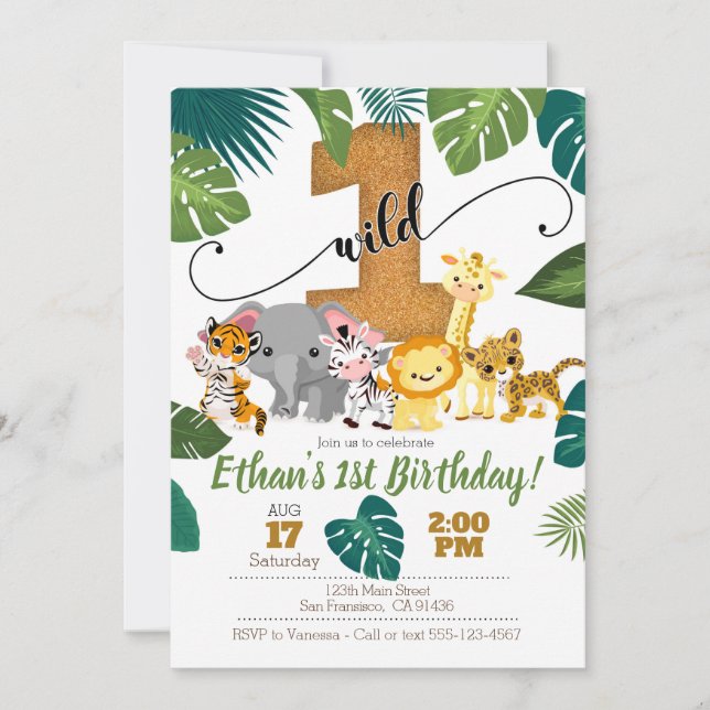 Invitación de Safari para primer cumpleaños (Anverso)