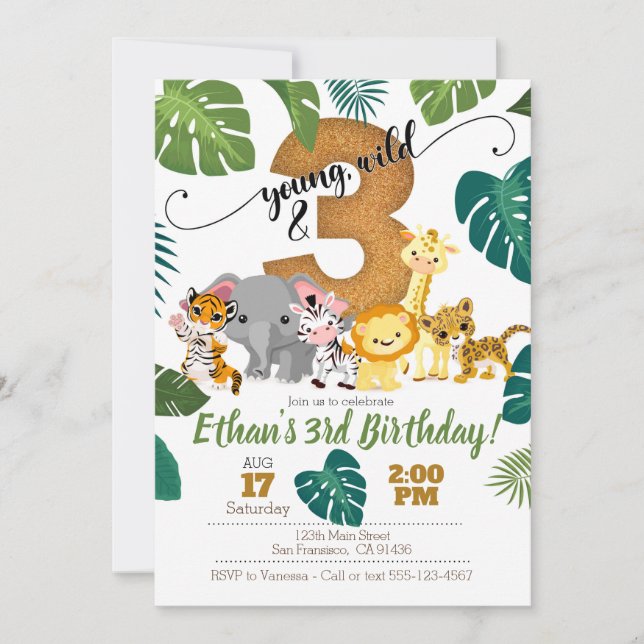 Invitación de Safari para tercer cumpleaños (Anverso)