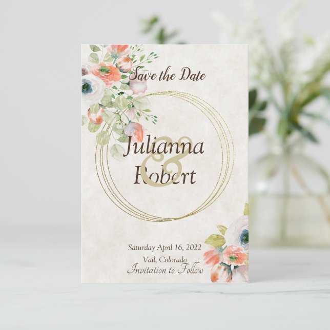 Invitación de salvado de fecha floral de acuarela  (Anverso de pie)