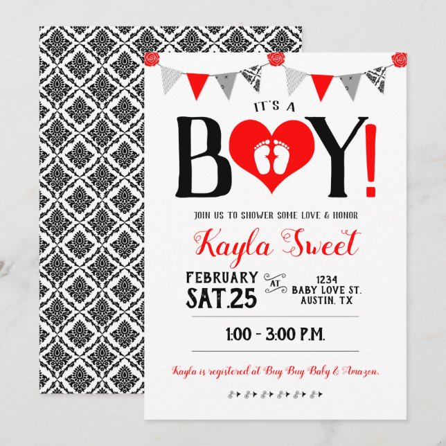 Invitación de San Valentín Baby Shower es un chico (Anverso / Reverso)
