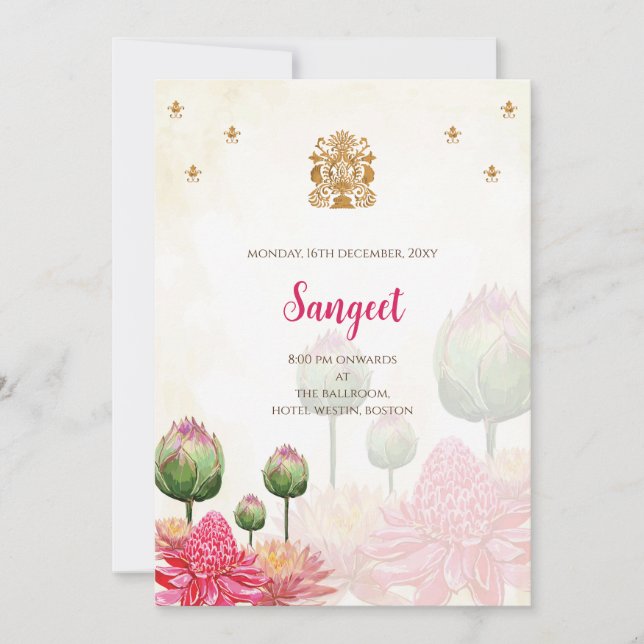 Invitación de Sangeet indio y tarjetas de boda ind (Anverso)