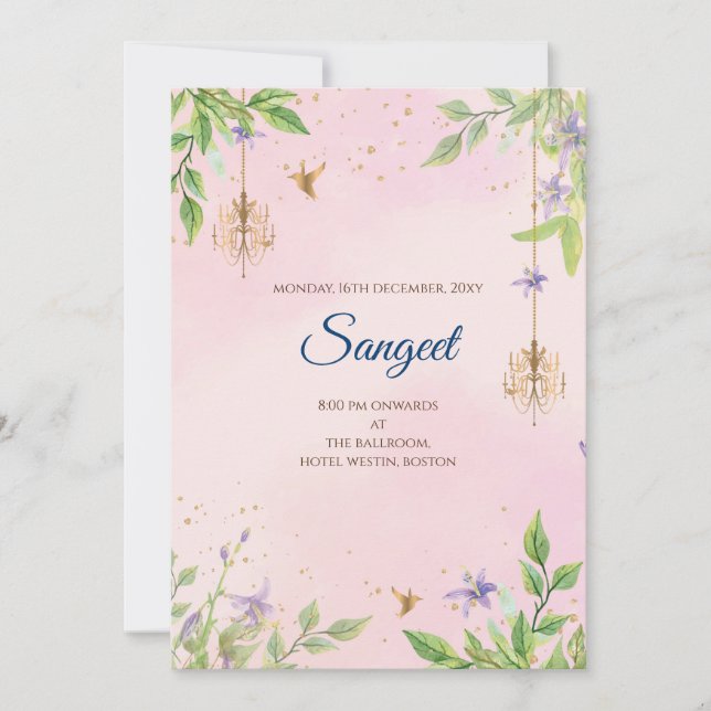 Invitación de Sangeet indio y tarjetas de boda ind (Anverso)
