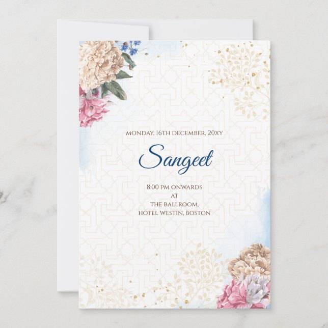 Invitación de Sangeet indio y tarjetas de boda ind (Anverso)