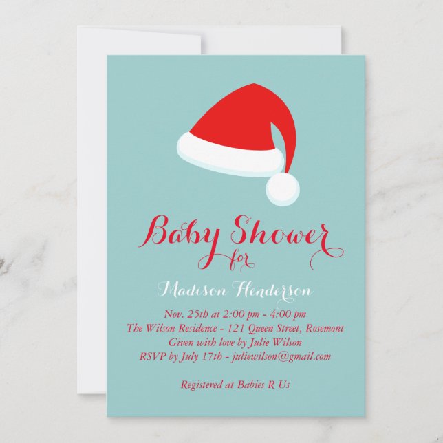 Invitación de Santa Baby Shower - rojo y turquesa (Anverso)