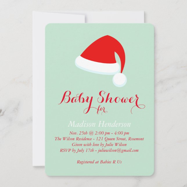 Invitación de Santa Baby Shower - rojo y verde (Anverso)