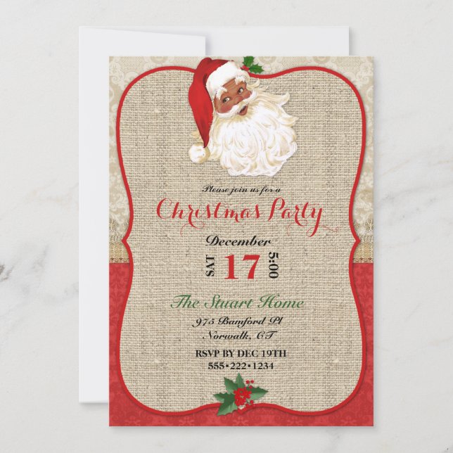 Invitación de Santa Claus de damasco de arpillera  (Anverso)