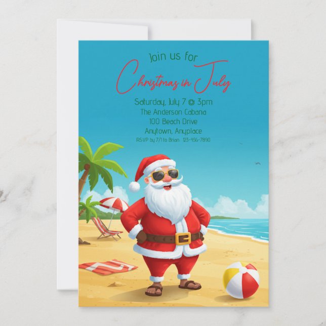 Invitación de Santa en la playa en Navidad en juli (Anverso)