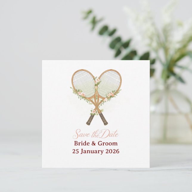 Invitación de "Save the date" de tenis para boda (Anverso de pie)