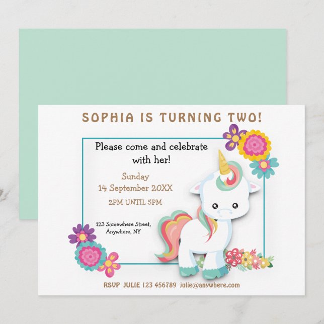 Invitación de segundo cumpleaños a Chica floral de (Anverso / Reverso)