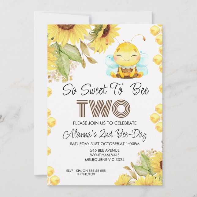 Invitación de segundo cumpleaños a Cute Bee Sunflo (Anverso)